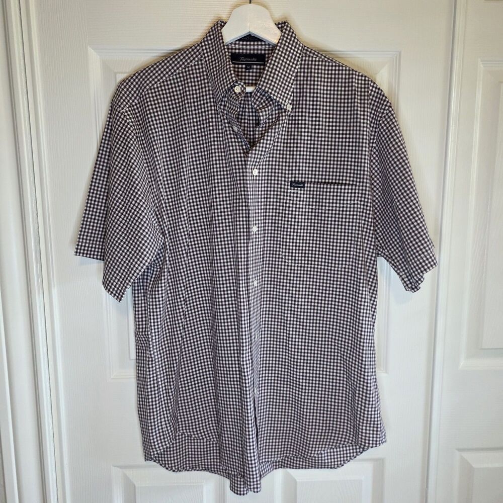 Faconnable Check Cotton men's Medium Button-Down Short Sleeve Maroon White